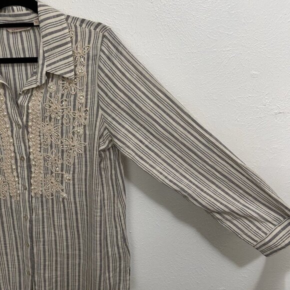 Soft Surroundings Blouse Womens M Embroidered Beaded Floral Striped Cotton Tunic - Picture 7 of 12